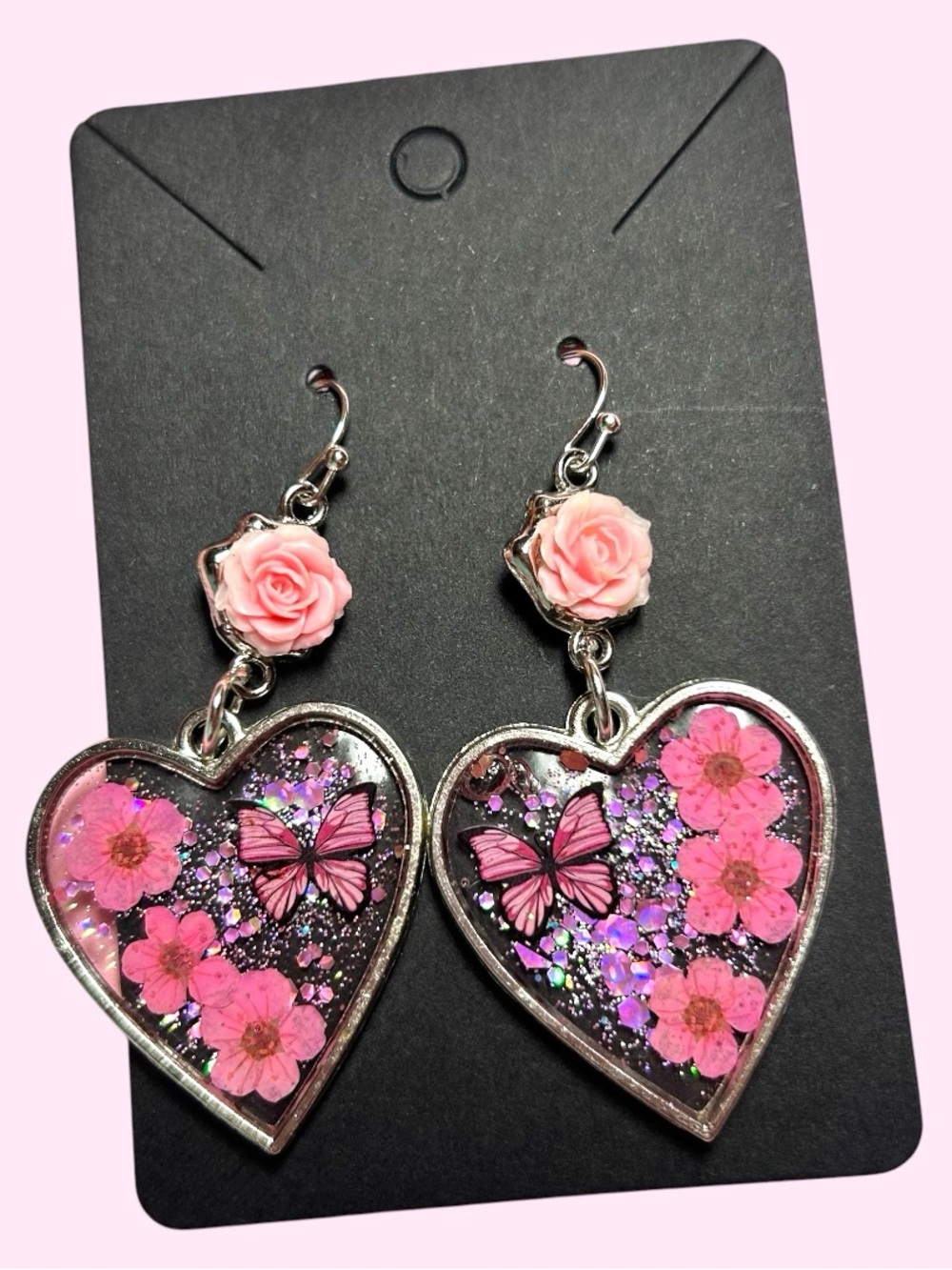 Handmade Pink Floral Butterfly Heart Drop Earrings